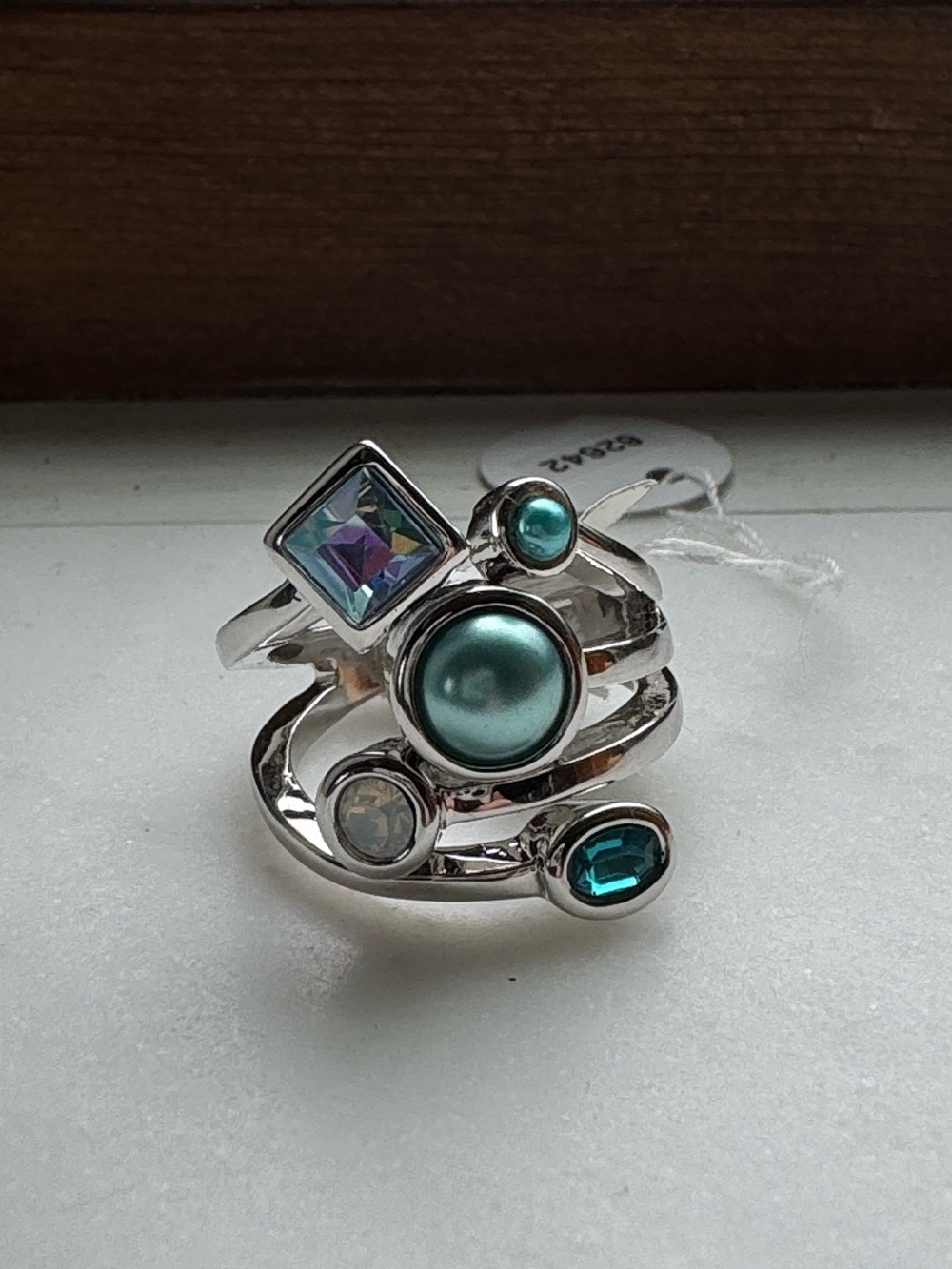 Lia Sophia Teal and Iridescent Multi-Stone Silver Stack Ring